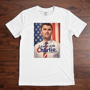 I Stand With Charlie Kirk T-Shirt Retro Patriotic Flag Design Unisex Tee New